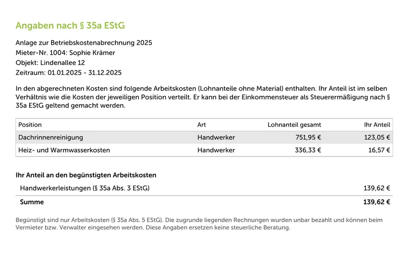 Anlage zur Betriebskostenabrechnung: Positionen mit Art der Leistung, Lohnanteil gesamt und Anteil des Mieters, darunter die Summe der Handwerkerleistungen nach § 35a Abs. 3 EStG.