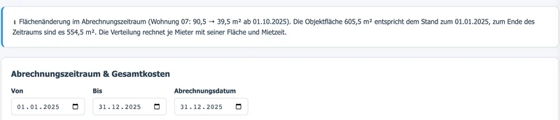 Hinweis in der Abrechnung: Wohnung 07 von 90,5 auf 39,5 Quadratmeter ab 1. Oktober 2025, Objektfläche 605,5 zu Beginn und 554,5 am Ende des Zeitraums.