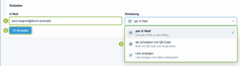 Einladungsmaske beim Mieter mit E-Mail-Adresse und Auswahl der Einladung: per E-Mail, als Schreiben mit QR-Code oder Link anzeigen.