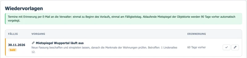 Liste der Wiedervorlagen mit Fälligkeitsdatum, Vorgang und einer Erinnerung 60 Tage vorher.