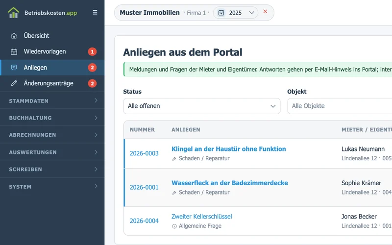 Meldungen und Fragen der Mieter und Eigentümer mit Nummer, Betreff, Art, Status, Zuständigkeit und letzter Aktivität, filterbar nach Status, Objekt und Bearbeiter.