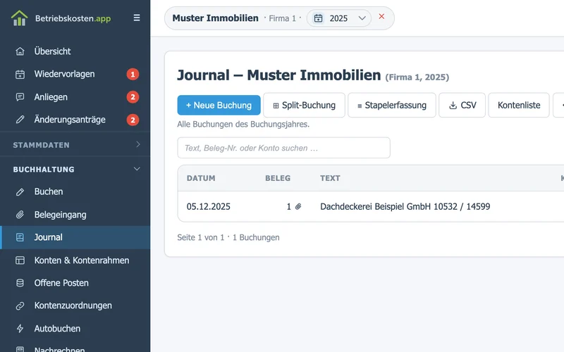 Journal mit allen Buchungen des Jahres: Datum, Beleg, Text, Konto und Gegenkonto, Soll und Haben. Daneben Einzel-, Split- und Stapelbuchung sowie der CSV-Export.