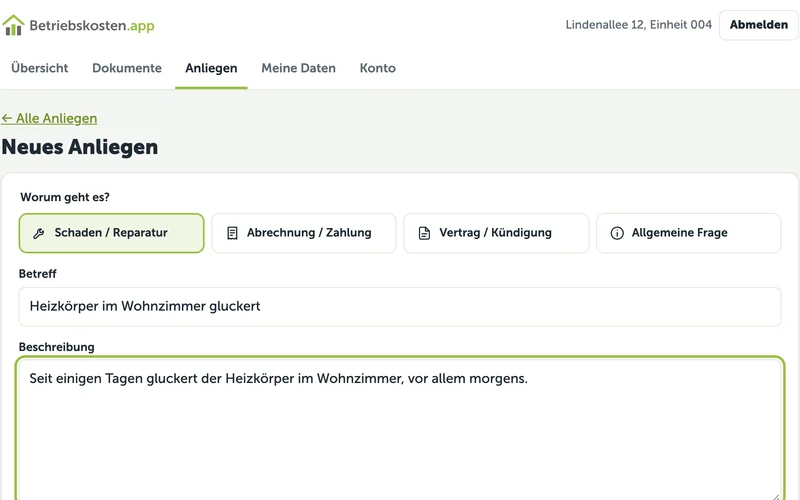 Formular für ein neues Anliegen: Art auswählen, Betreff und Beschreibung eingeben, Fotos oder PDF anhängen.