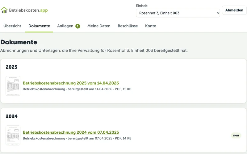 Dokumente im Eigentümerportal: Abrechnungen nach Jahren und unter „Unterlagen zum Haus“ das Protokoll der Eigentümerversammlung.