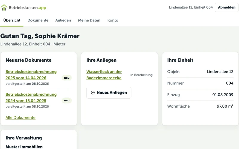 Startseite im Mieterportal: neueste Dokumente, eigene Anliegen mit Status, Angaben zur Einheit und Kontakt der Verwaltung.