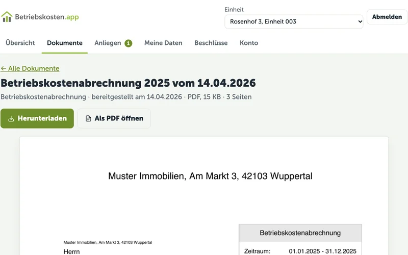 Vorschau eines Abrechnungsschreibens im Portal mit den Schaltflächen zum Herunterladen und zum Öffnen als PDF.