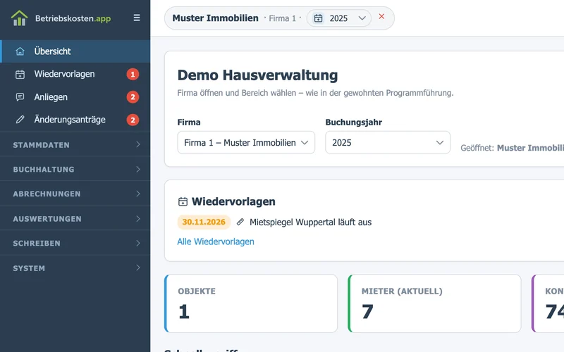 Startseite der Software: Auswahl von Firma und Buchungsjahr, offene Wiedervorlagen, Kennzahlen zu Objekten, Mietern, Konten und Buchungen sowie Schnellzugriffe auf die häufigsten Bereiche.
